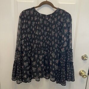 American Eagle Black Floral Sheer‎ Smocked Top Womens Large Whimsigoth Cottage